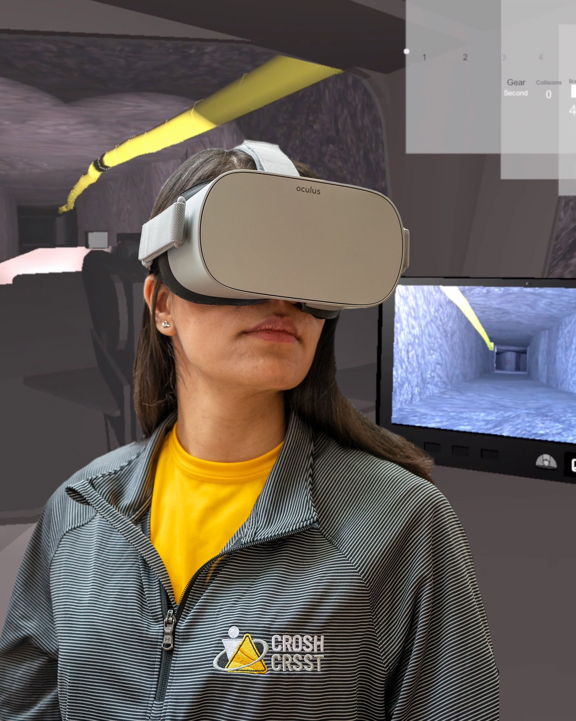 Person wearing a VR headset with the virtual environment as the background