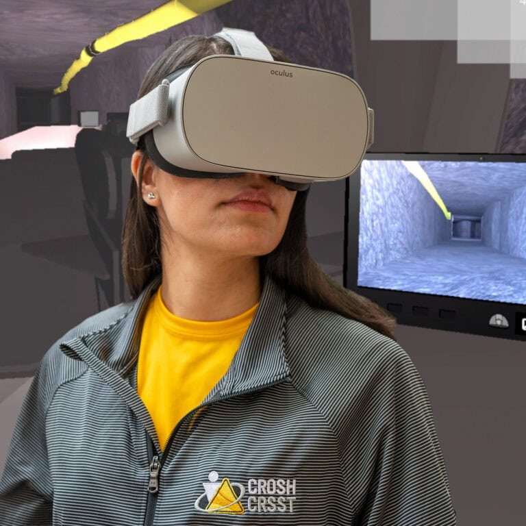Person wearing VR goggles superimposed on a view of a computer generated mine drift